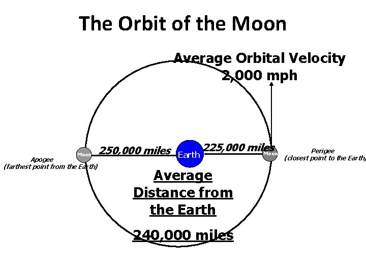 The Orbit of the Moon Average Orbital Velocity 2, 000 mph Moon Apogee (farthest