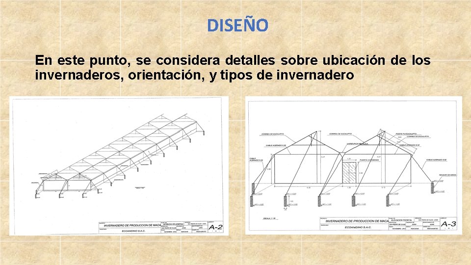 DISEÑO En este punto, se considera detalles sobre ubicación de los invernaderos, orientación, y