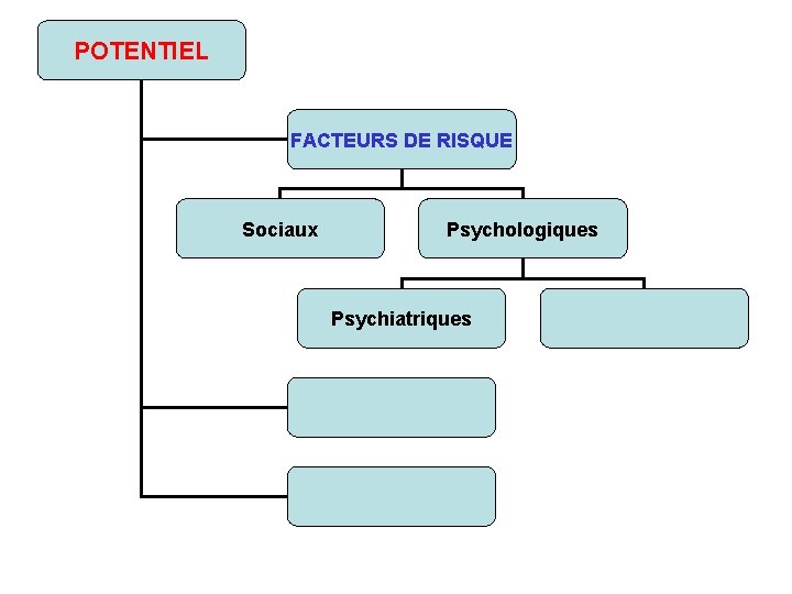 POTENTIEL FACTEURS DE RISQUE Sociaux Psychologiques Psychiatriques 