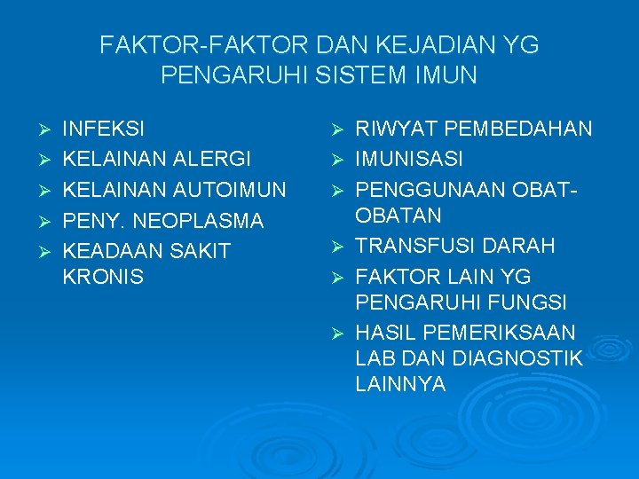 FAKTOR-FAKTOR DAN KEJADIAN YG PENGARUHI SISTEM IMUN Ø Ø Ø INFEKSI KELAINAN ALERGI KELAINAN
