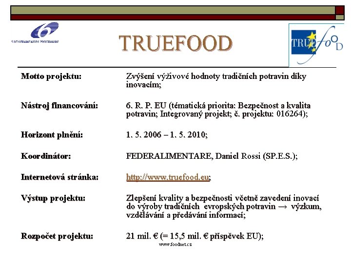 TRUEFOOD Motto projektu: Zvýšení výživové hodnoty tradičních potravin díky inovacím; Nástroj financování: 6. R.