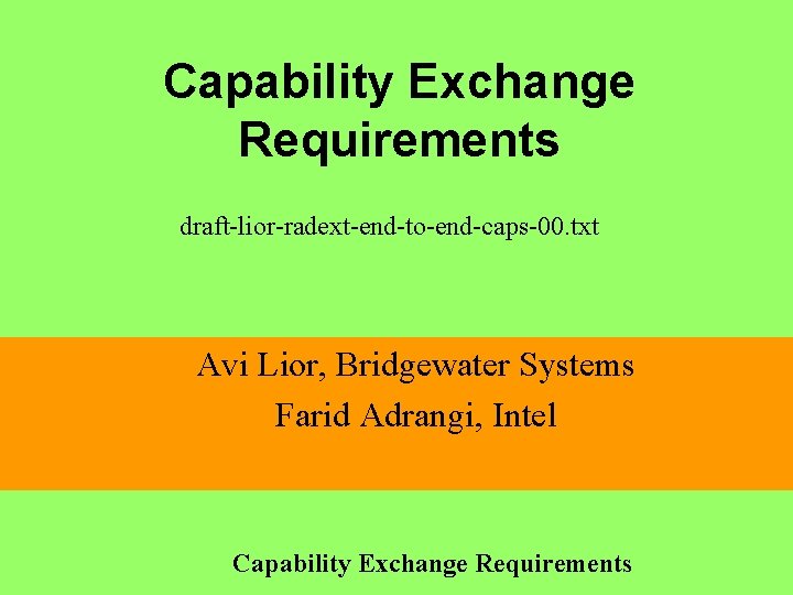 Capability Exchange Requirements draft-lior-radext-end-to-end-caps-00. txt Avi Lior, Bridgewater Systems Farid Adrangi, Intel Capability Exchange