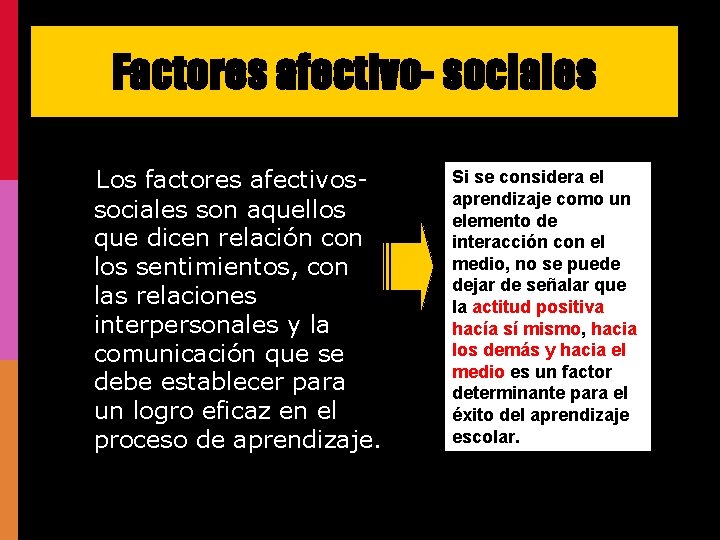 Factores afectivo- sociales Los factores afectivossociales son aquellos que dicen relación con los sentimientos,