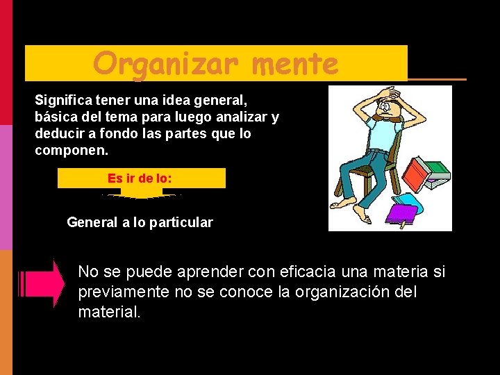 Organizar mente Significa tener una idea general, básica del tema para luego analizar y