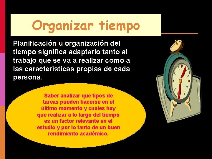 Organizar tiempo Planificación u organización del tiempo significa adaptarlo tanto al trabajo que se