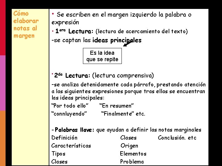 Cómo elaborar notas al margen • Se escriben en el margen izquierdo la palabra