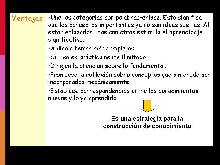 Ventajas • Une las categorías con palabras-enlace. Esto significa que los conceptos importantes ya