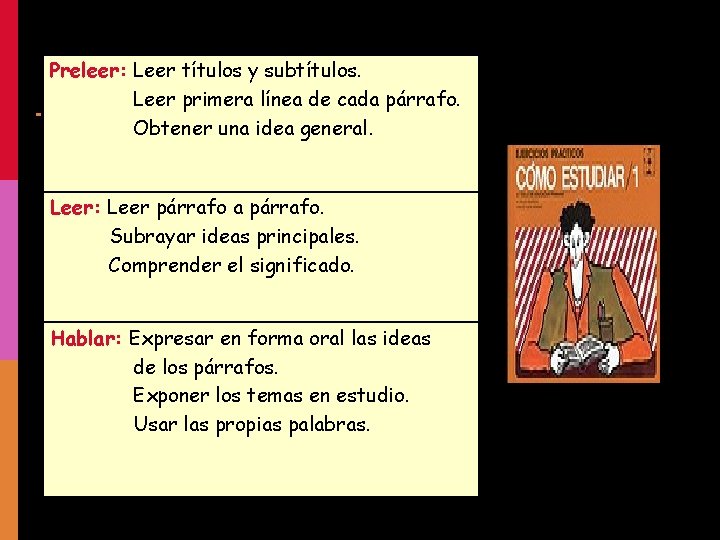 Preleer: Leer títulos y subtítulos. Leer primera línea de cada párrafo. Obtener una idea