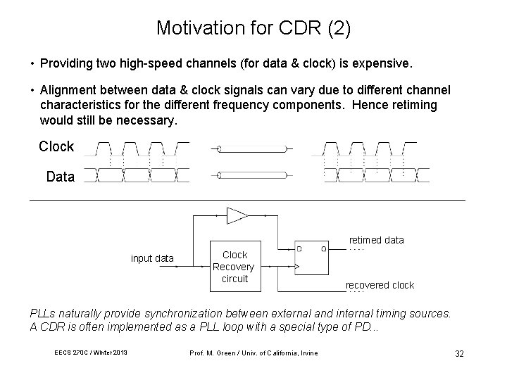 Motivation for CDR (2) • Providing two high-speed channels (for data & clock) is