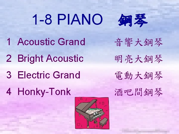 1 -8 PIANO　鋼琴 1 Acoustic Grand　 音響大鋼琴 2 Bright Acoustic 　 明亮大鋼琴 3 Electric