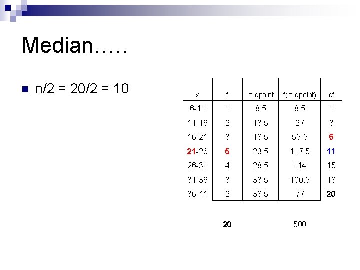 Median…. . n n/2 = 20/2 = 10 x f midpoint f(midpoint) cf 6