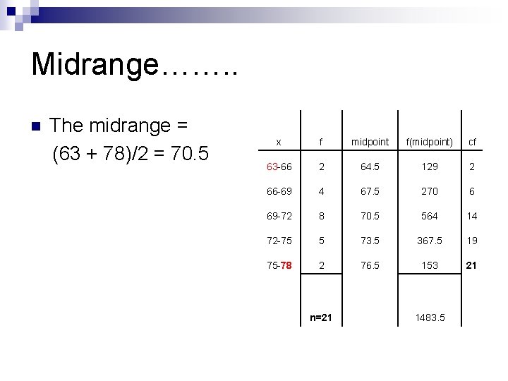 Midrange……. . The midrange = (63 + 78)/2 = 70. 5 n x f