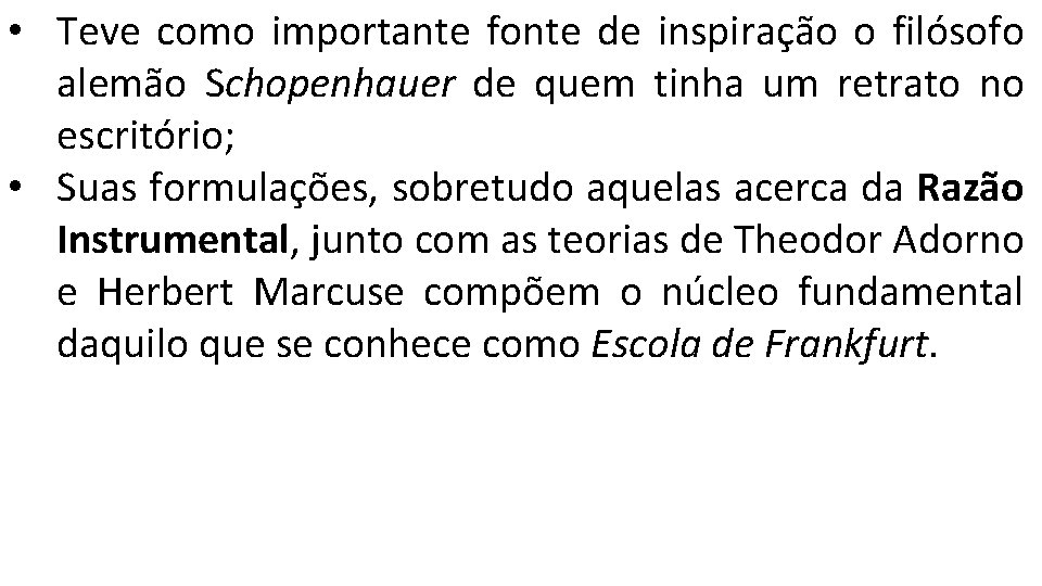  • Teve como importante fonte de inspiração o filósofo alemão Schopenhauer de quem