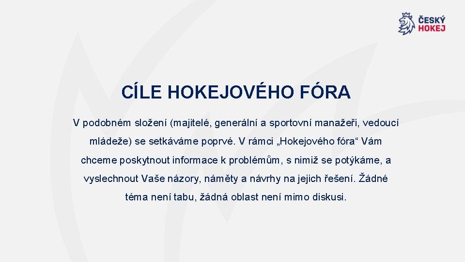 CÍLE HOKEJOVÉHO FÓRA V podobném složení (majitelé, generální a sportovní manažeři, vedoucí mládeže) se