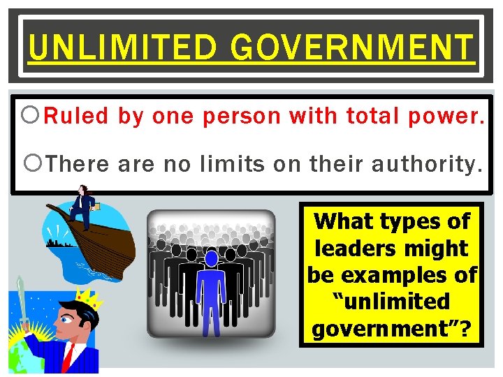 UNLIMITED GOVERNMENT Ruled by one person with total power. There are no limits on