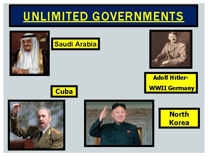 UNLIMITED GOVERNMENTS Saudi Arabia Adolf Hitler- Cuba WWII Germany North Korea 
