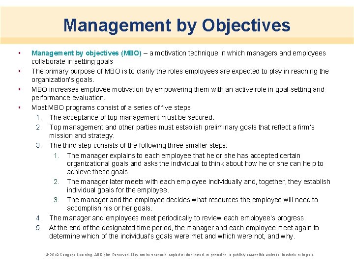 Management by Objectives § § Management by objectives (MBO) – a motivation technique in