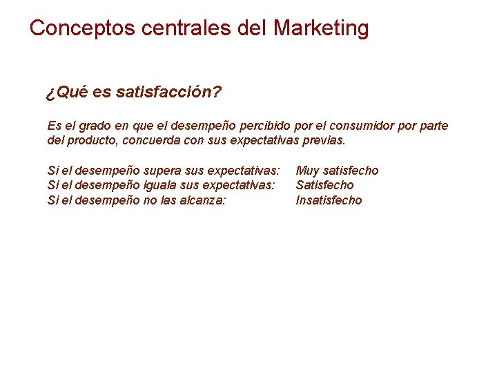 Conceptos centrales del Marketing ¿Qué es satisfacción? Es el grado en que el desempeño