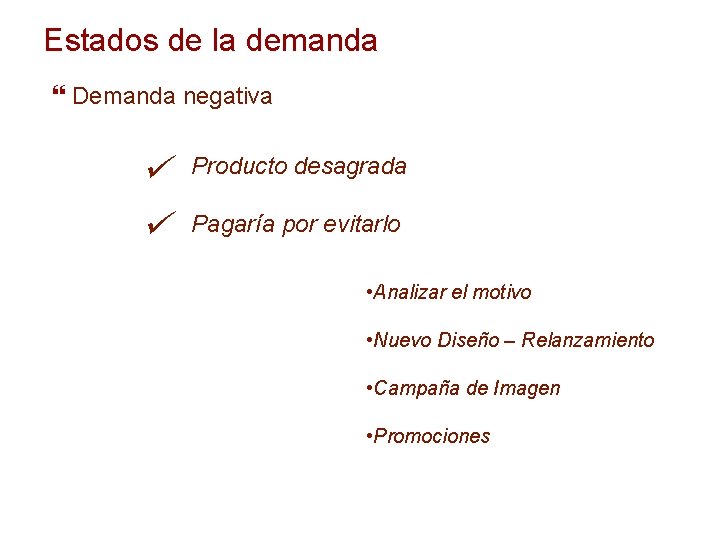 Estados de la demanda Demanda negativa ü ü Producto desagrada Pagaría por evitarlo •