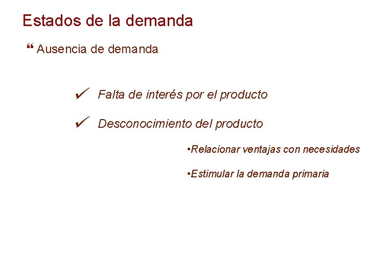 Estados de la demanda Ausencia de demanda ü ü Falta de interés por el