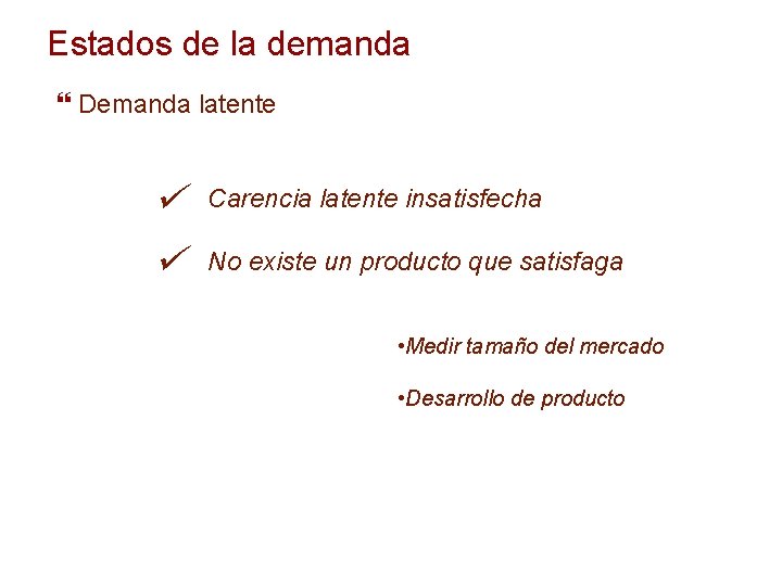 Estados de la demanda Demanda latente ü ü Carencia latente insatisfecha No existe un