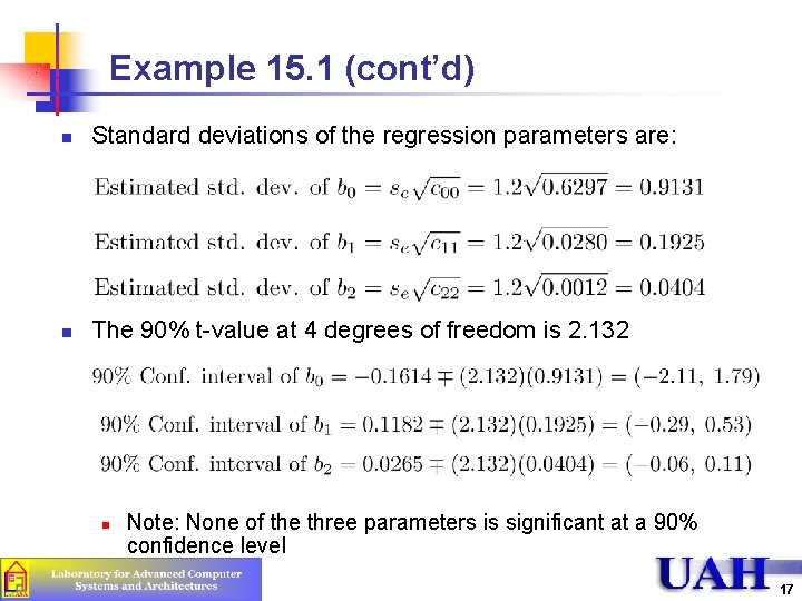 Example 15. 1 (cont’d) n Standard deviations of the regression parameters are: n The