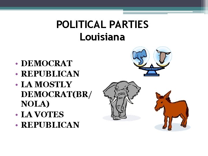 POLITICAL PARTIES Louisiana • DEMOCRAT • REPUBLICAN • LA MOSTLY DEMOCRAT(BR/ NOLA) • LA