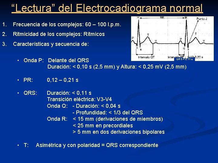 “Lectura” del Electrocadiograma normal 1. Frecuencia de los complejos: 60 – 100 l. p.