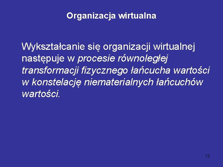 Organizacja wirtualna Wykształcanie się organizacji wirtualnej następuje w procesie równoległej transformacji fizycznego łańcucha wartości