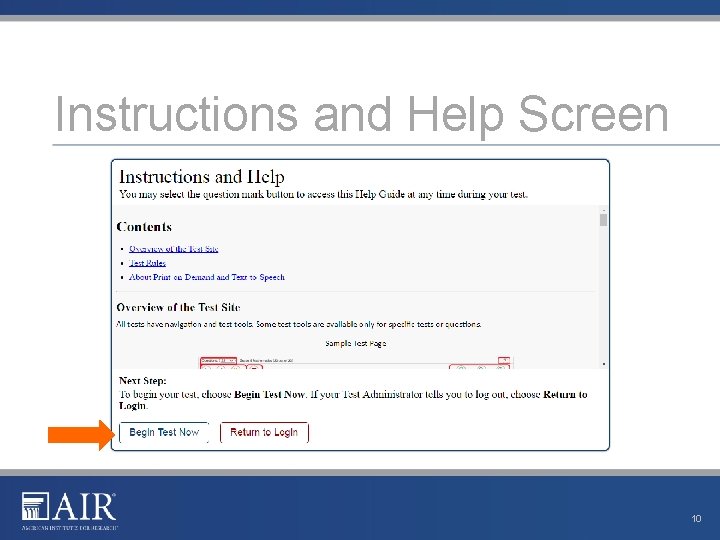 Instructions and Help Screen 10 