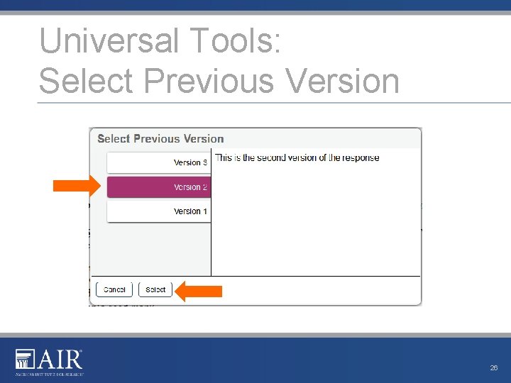 Universal Tools: Select Previous Version 26 