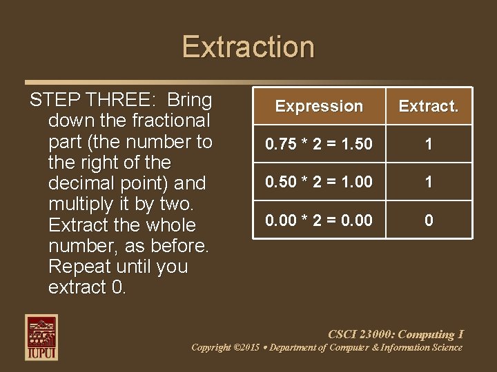 Extraction STEP THREE: Bring down the fractional part (the number to the right of