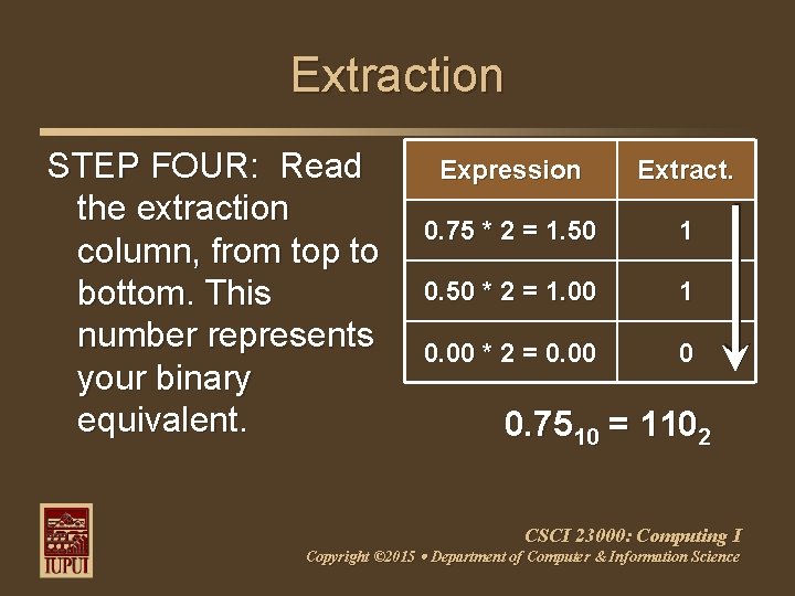 Extraction STEP FOUR: Read the extraction column, from top to bottom. This number represents