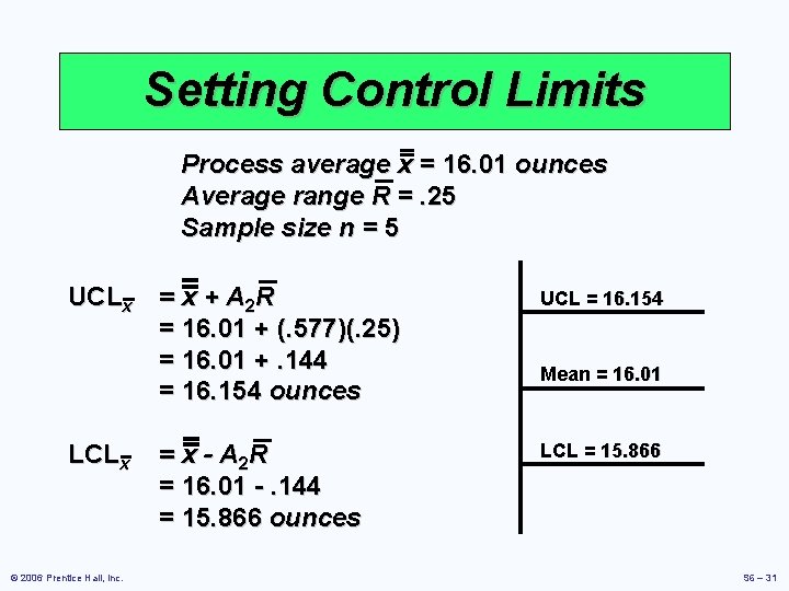 Setting Control Limits Process average x = 16. 01 ounces Average range R =.