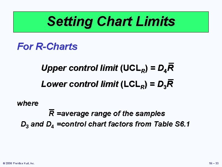 Setting Chart Limits For R-Charts Upper control limit (UCLR) = D 4 R Lower