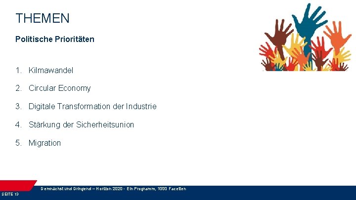 THEMEN Politische Prioritäten 1. Kilmawandel 2. Circular Economy 3. Digitale Transformation der Industrie 4.