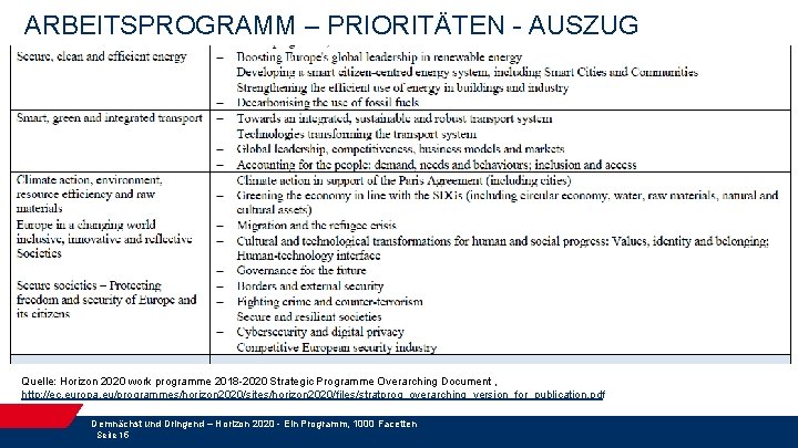 ARBEITSPROGRAMM – PRIORITÄTEN - AUSZUG Quelle: Horizon 2020 work programme 2018 -2020 Strategic Programme