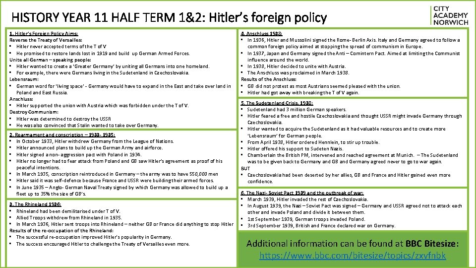 HISTORY HISTORY YEAR 11 HALF TERM 12 Consolidation