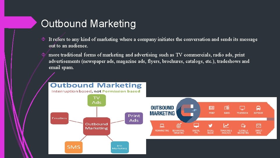 Outbound Marketing It refers to any kind of marketing where a company initiates the Outbound Marketing It refers to any kind of marketing where a company initiates the
