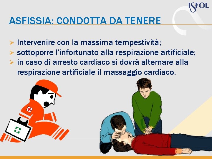 ASFISSIA: CONDOTTA DA TENERE Ø Ø Ø Intervenire con la massima tempestività; sottoporre l’infortunato