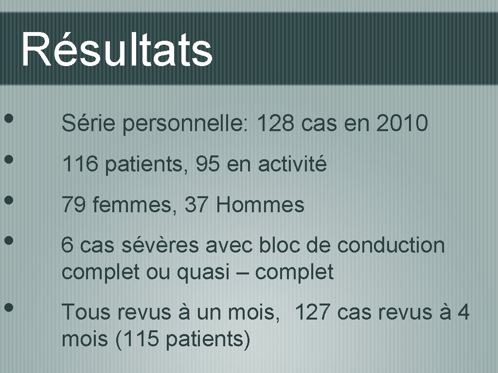 Résultats • • • Série personnelle: 128 cas en 2010 116 patients, 95 en
