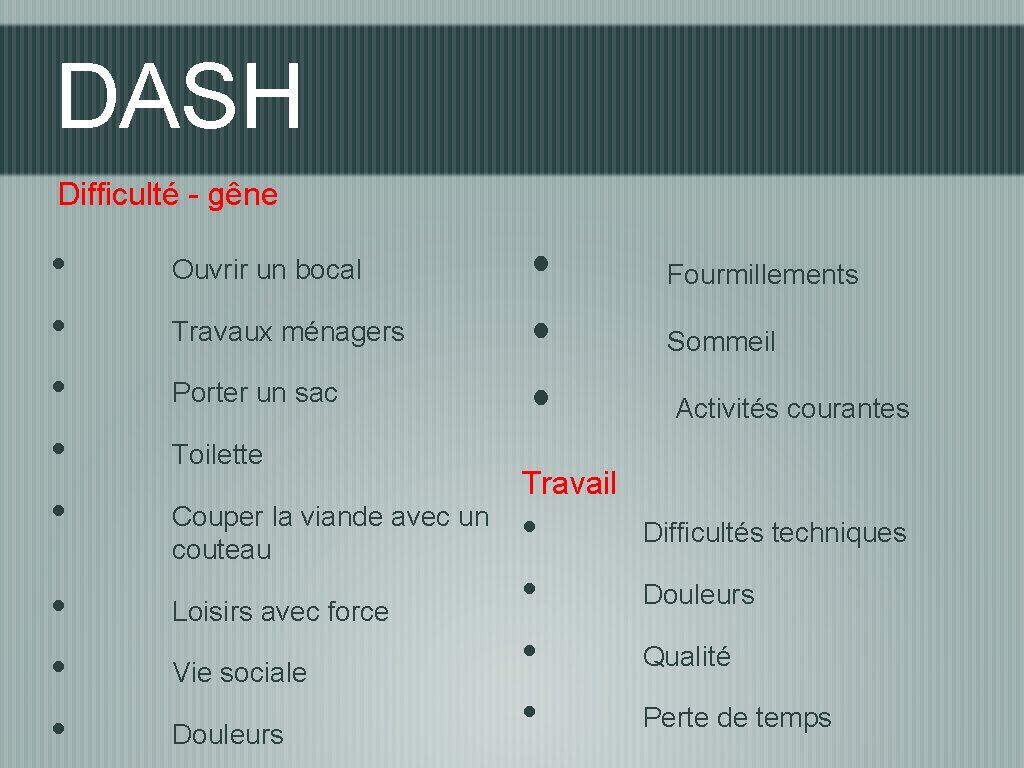 DASH Difficulté - gêne • • Ouvrir un bocal Travaux ménagers Porter un sac