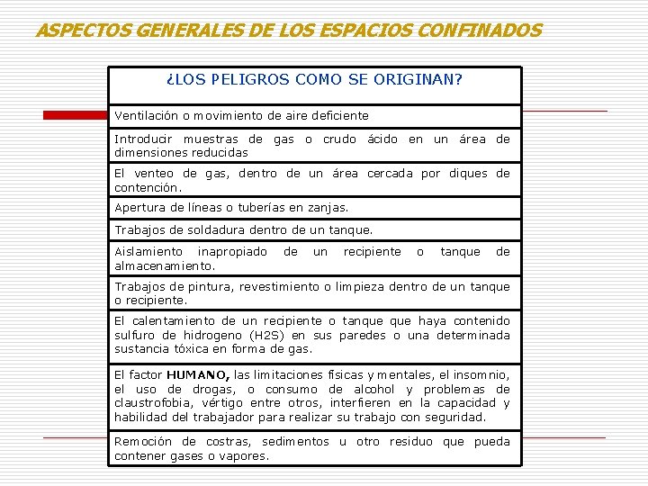 ASPECTOS GENERALES DE LOS ESPACIOS CONFINADOS ¿LOS PELIGROS COMO SE ORIGINAN? Ventilación o movimiento ASPECTOS GENERALES DE LOS ESPACIOS CONFINADOS ¿LOS PELIGROS COMO SE ORIGINAN? Ventilación o movimiento