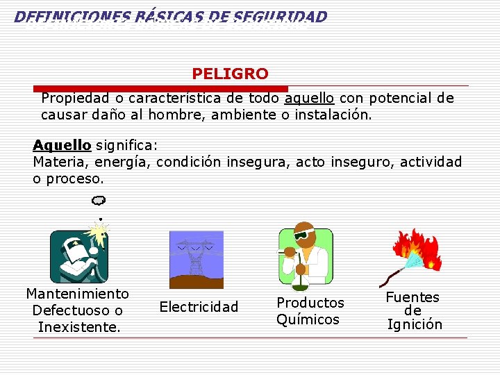 DEFINICIONES BÁSICAS DE SEGURIDAD PELIGRO Propiedad o característica de todo aquello con potencial de DEFINICIONES BÁSICAS DE SEGURIDAD PELIGRO Propiedad o característica de todo aquello con potencial de