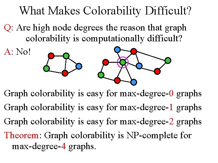 What Makes Colorability Difficult? Q: Are high node degrees the reason that graph colorability