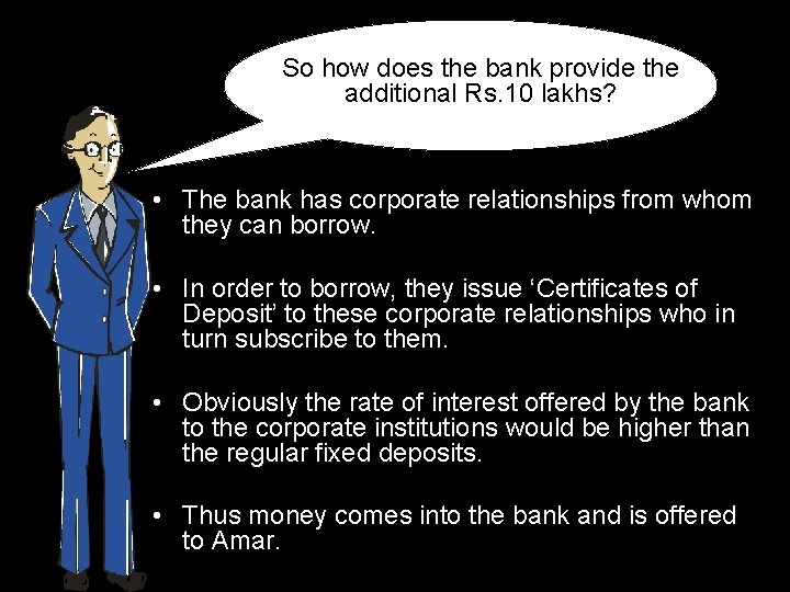 So how does the bank provide the additional Rs. 10 lakhs? • The bank