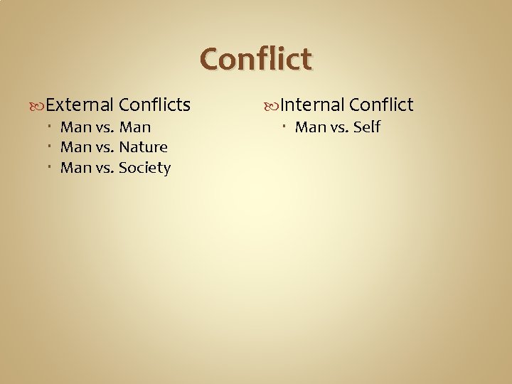 Conflict External Conflicts Man vs. Nature Man vs. Society Internal Conflict Man vs. Self