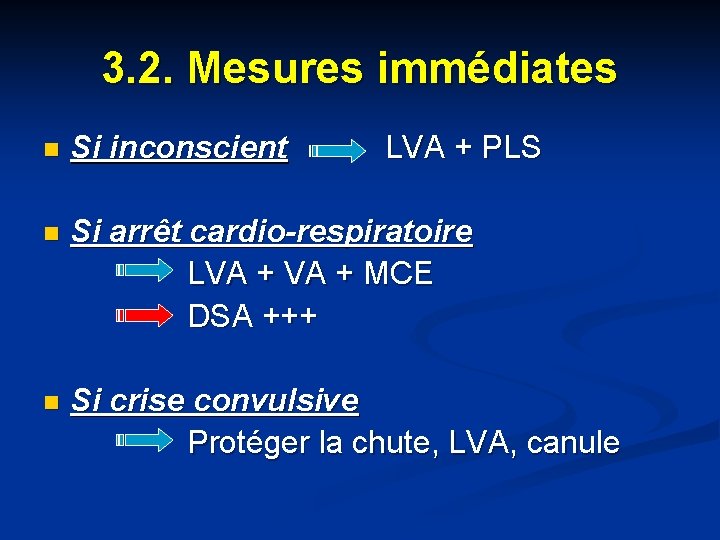 3. 2. Mesures immédiates n Si inconscient LVA + PLS Si arrêt cardio-respiratoire LVA 3. 2. Mesures immédiates n Si inconscient LVA + PLS Si arrêt cardio-respiratoire LVA
