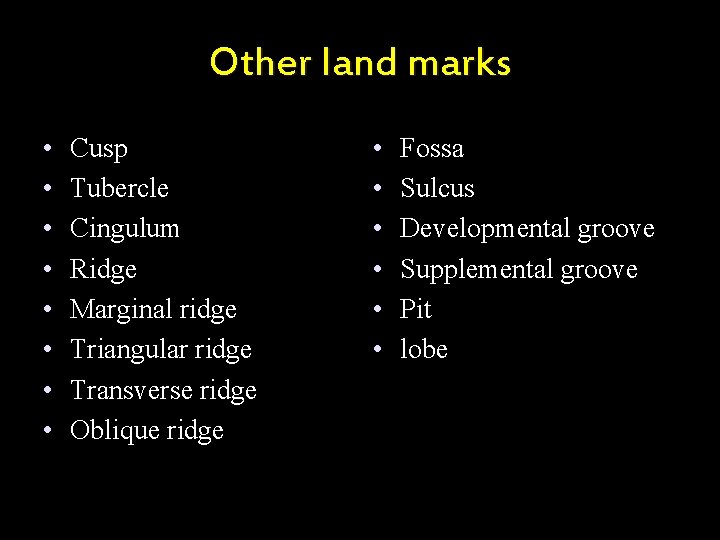 Other land marks • • Cusp Tubercle Cingulum Ridge Marginal ridge Triangular ridge Transverse