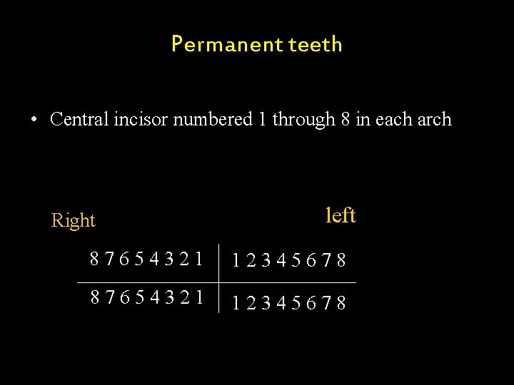 Permanent teeth • Central incisor numbered 1 through 8 in each arch Right left